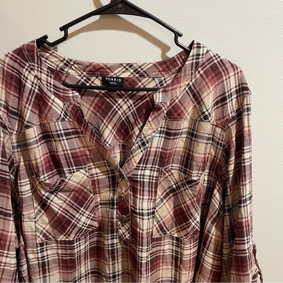 Torrid Harper Women’s 3X Red Plaid Tunic 3/4 Sleeves Metal Buttons Flannel Fall - Picture 2 of 6